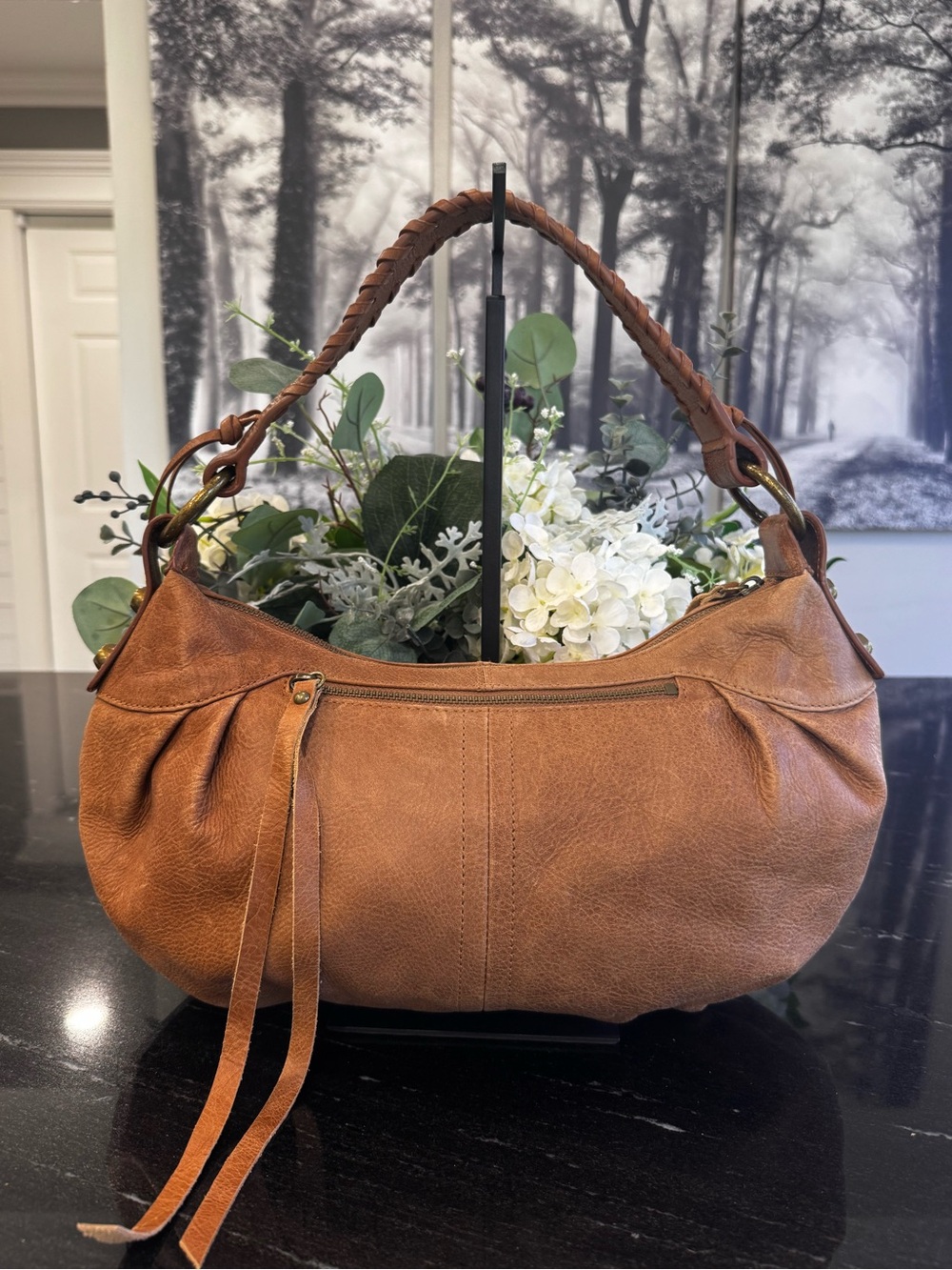 Lucky Brand Cognac Leather Hobo Bag Braided Handle Boho Shoulder Purse